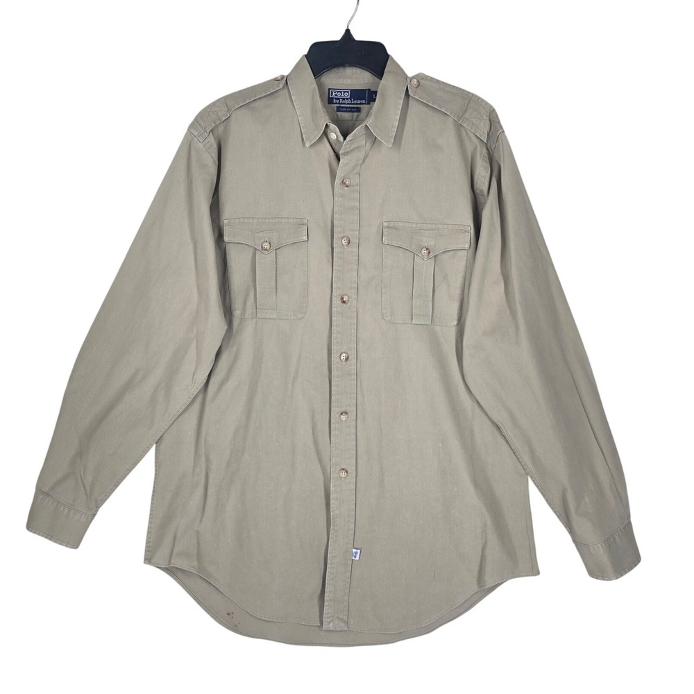 Vtg Y2K Polo Ralph Lauren Shirt Mens L Khaki Cotton Twill Safari Epaulette LS - Picture 9 of 11